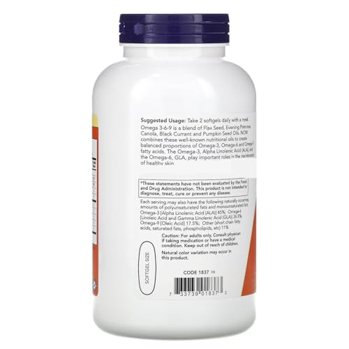 NOW Supplements, Omega 3-6-9 1000 mg with a blend of Flax Seed, Evening Primrose, Canola, Black Currant and Pumpkin Seed Oils, 250 Softgels