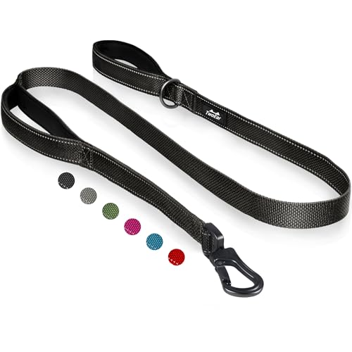 TwoEar 4FT 1IN Strong Black Dog Leash with 2 Padded Handles, Traffic Handle Extra Control, Comfortable Soft Dual Handle, Auto Lock Hook, Reflective Walking Lead for Small Medium and Large Dogs