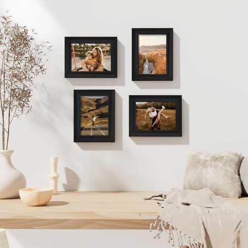 Vittanly 4x6 Picture Frames Set of 2, Display 3.5x5 Pictures with Mat or 4x6 without Mat, Rustic Picture Frames for Wall Mount or Tabletop Display, Photo Frame Collage for Wall Decor, Black