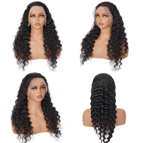 XVE Deep Wave 13x4 Lace Front Wigs Human Hair Pre Plucked 180% Density HD Transparent Lace Frontal Wig Wet And Wavy Wigs For Women Brazilian Hair Curly Glueless Wig Natural Black Color 20 Inch