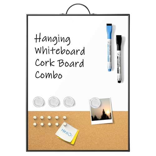 Small White Board Cork Board Combo, 16"x12" Magnetic Dry Erase Board & Bulletin Corkboard with Handle for Wall Hanging, Portable Aluminum Frame Whiteboard with Cork for Office Home School
