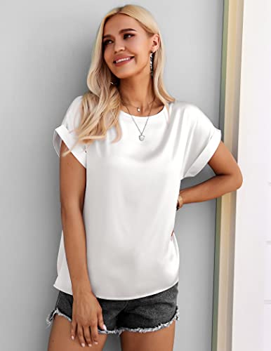 Beyove Women's Elegant T Shirts Round Neck Rolled Short Sleeve Loose Satin Silk Blouse Tops Black S