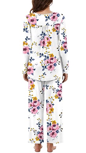 Bestbee Womens Pajama Set, 2 Piece Lounge Outfits Pleated Sleepwear Sets Long Sleeve With Pockets Ladies Pjs, M, Sailboat-Blue