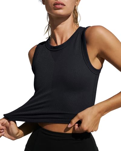 LASLULU Workout Tank Tops for Women with Built in Bra Tight Summer Crewneck Athletic Top Cropped Tank Medium Impact Sleeveless Casual Fitted Shirts(Black Small)