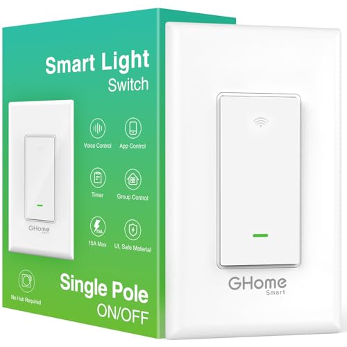 GHome Smart Switch, 2.4Ghz Wi-Fi Light Switch Compatible with Alexa, Google Home, Neutral Wire Required, Single-Pole,UL Certified,Voice Control and Timer, No Hub Required,1 Pack, White (SW5)