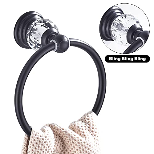 WINCASE Crystal Towel Ring, Black Hand Towel Holder, Bathroom Round Towel Hanger Racks Wall Mount Matte Black