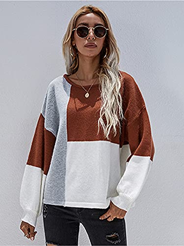 ECOWISH Women Sweater Long Sleeve Color Block Knit Pullover Sweaters Crew Neck Patchwork Casual Loose Jumper Tops Red Medium