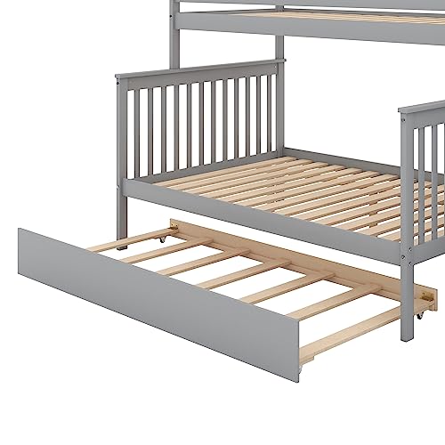 Harper & Bright Designs Bunk Beds Twin Over Full Size, Bunk Bed with Trundle,Storage Shelf and Stairway,Wood Bunk Beds with Full-Length Guard Rail for Kids and Teenagers,No Box Spring Needed, Grey