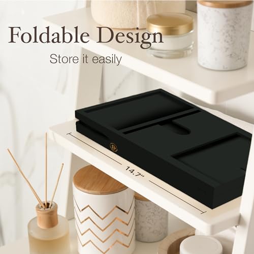 Bambüsi Bathtub Tray Table - Collapsible & Adjustable Bathtub Caddy - Space-Saving Folding Bath Tub Tray - Wood Bathtub Accessories - Unique Valentines Day Gifts for Women or Men (Black Bamboo)