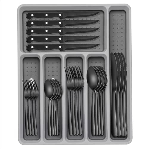 49-Piece Black Silverware Set with Organizer, Heavy Duty Stainless Steel Black Flatware for 8, Cutlery Utensil Sets with Steak Knives, Rust-proof, Mirror Polished, Dishwasher Safe