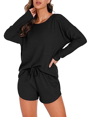 PrinStory Womens Waffle Knit Pajama Sets Long Sleeve Lounge Sets Loungewear Sweatsuit with Pockets Navy Blue