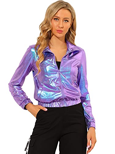 Allegra K Women's Holographic Shiny Party Christmas Long Sleeve Lightweight Zipper Metallic Jacket Small Yellow