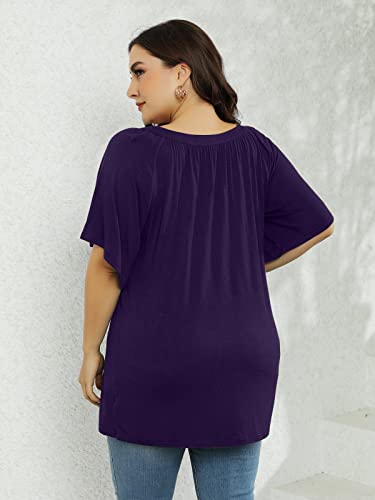 HDLTE Women's Plus Size Tops Pleated Petal Cap Sleeve Lace Trim V Neck Shirt 2023 Fashion Dressy Casual T-Shirts(05_F-Black,XL)