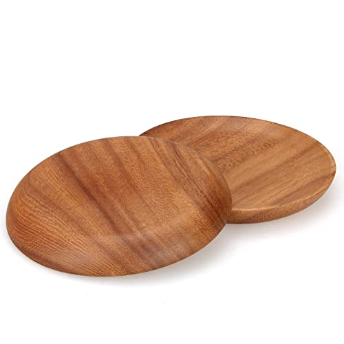 2 Pcs Small Wooden Dessert Plates for Eating Acacia Wood Snack Appetizer Plate 6 inch Mini Cute Salad Dinner Plates Reusable Round Non Toxic Platos Saucer Plate for Food Flat Picnic Serving Dishes