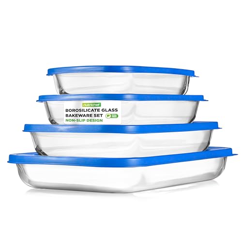 NutriChef 8-Piece Glass Baking Dish Set with Lids – Stackable Rectangular Bakeware for Lasagna, Casserole, Meatloaf, Leftovers & Storages– Oven, Freezer & Dishwasher Safe, BPA Free lid (Blue)