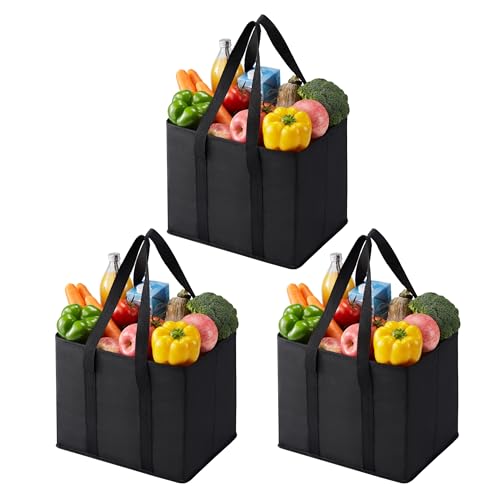VENO 3 Pack Reusable Grocery Bags, Shopping Bags for groceries, Utility Tote with Handles and Hard Bottom, Foldable Shopping Cart Organizer, Multi-Purpose, Heavy-Duty (Black, 6 Gallon-3 Pack)