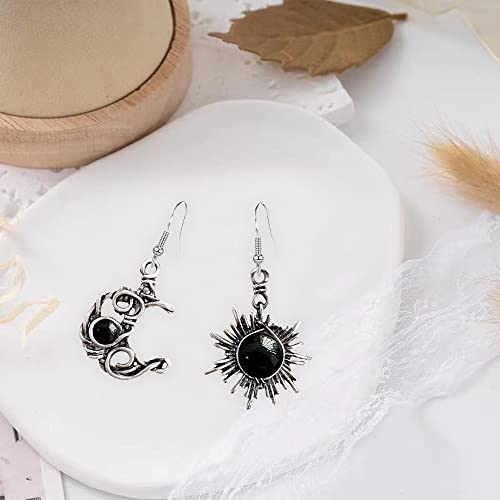 Vintage Boho Opal Sun and Moon Drop Dangle Earrings Moonstone Natural Stone Hook Bohemian for Women Asymmetrical Antiqued Silver Celestial Jewelry (Royal Blue)