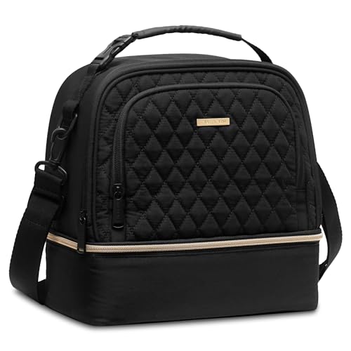 Everfun Insulated Lunch Bag for Women Double Deck Lunch Box 15 Can Leakproof Portable Reusable Tote Bag Lunch Cooler for Work, Black