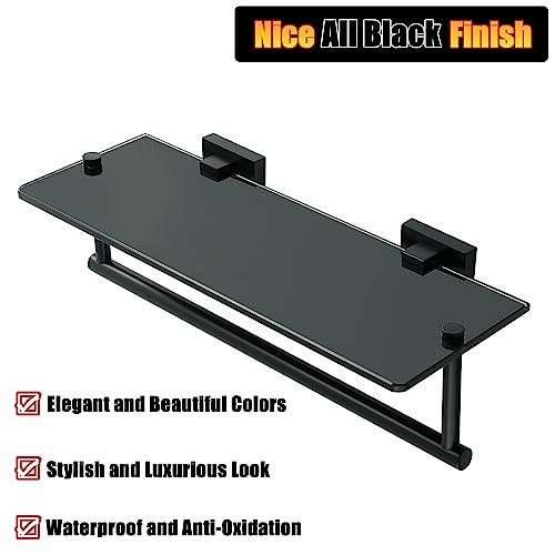 Alise Bathroom Shelves Glass Shelf with Bar,Wall Mount Floating Shelves for Bathroom,1 Tier Tempered Glass Holder Rack Storage Organizer,SUS304 Stainless Steel GOY6380-B Black