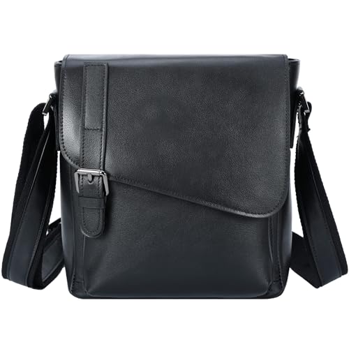 Masa Kawa Men's Black Leather Messenger Bag Retro Small Crossbody Shoulder Bag for Men Women Flap Over Man Purse Fits 10 Inch Tablet