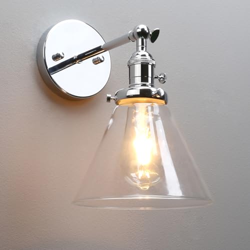 PERMO Single Sconce with Funnel Flared Glass Clear Glass Shade 1-Light Wall Sconce Wall Lamp (Chrome)