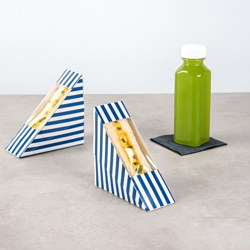 Restaurantware Cafe Vision 4.8 x 2.8 Inch Sandwich Paper Boxes 200 Medium Sandwich Wedge Boxes - With Window Disposable Kraft Paper Triangle Sandwich Containers Grease-Resistant Lining