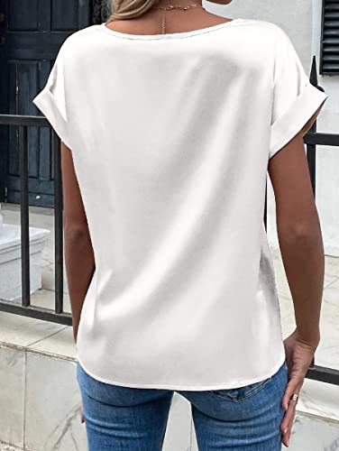 Beyove Women's Elegant T Shirts Round Neck Rolled Short Sleeve Loose Satin Silk Blouse Tops Black S