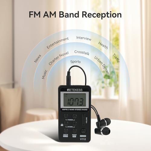 Retekess V112 AM FM Pocket Radio, Digital Radio with Earphone, Rechargeable Battery Radio with LCD Display for Walking, Jogging, Training(Black)
