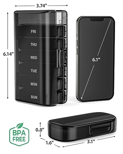 PULIV Pill Organizer with Large Capacity, Dual Protection Pill Box 7 Day, Arthritis Friendly Pill Case Easy to Open, Weekly Medicine Organizer for Vitamins, Medications, Fish Oils, Supplements (Black)