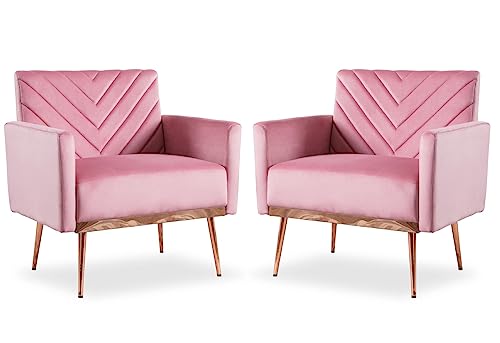 TTGIEET Modern Velvet Accent Chair Set of 2, Upholstered Tufted Armchair with Golden Metal Legs Single Sofa Reading Club Chair for Living Room Office (Pink)