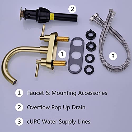 TRUSTMI Brushed Gold Bathroom Faucet 4 Inch Centerset 2 Handle 3 Hole Lavatory Vanity Sink Faucet with Overflow Pop Up Drain and cUPC Water Supply Lines, Spot Resist