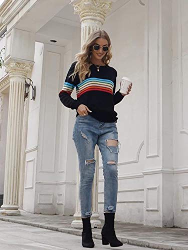 ECOWISH Women's Sweater Colorful Striped Sweaters Long Sleeve Crew Neck Casual Pullover Knit Blouse Tops 207 White Orange X-Large