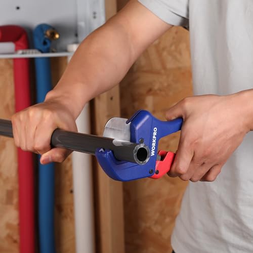 WORKPRO Ratchet PVC Pipe Cutter, Up to 1-5/8", Plastic Pipe and Tubing Cutter for PEX, PVC, PPR, and Plastic Hoses, High-quality Aluminum Die-casting Body with Sharp Stainless Steel Blades