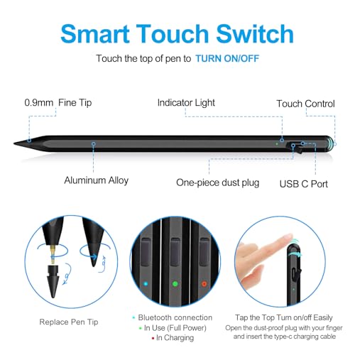 Stylus Pen for iPad 2018-2024 with Palm Rejection, Apple Pencil for Apple iPad 10th/9th/8th/7th/6th Gen, iPad Pro 11/12.9 inch, New iPad Air 2024 11&13-inch(M2) /5th/4th/3th Gen, iPad Mini 6th/5th Gen