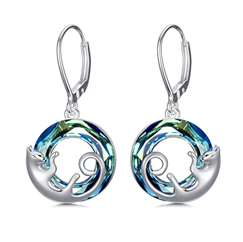 Cat Earrings Sterling Silver Dangle Drop Leverback Earrings with Blue Circle Crystal, Cat Jewelry Gifts for Cat Lovers