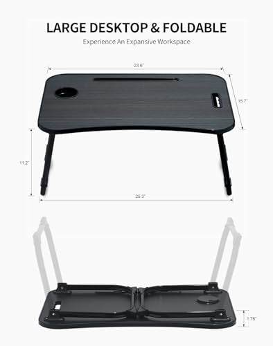 ZEAPTAC Laptop Bed Desk, Foldable Lap Table, Portable Study Table, Laptop Stand with Cup Holder & Tablet Slot & Lifting Handle for Working Writing Drawing & Eating - Black