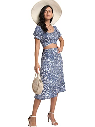 LYANER Women's 2 Piece Outfits Floral Self Tie Knot Crop Tops and Midi Skirt Set Solid Navy Large