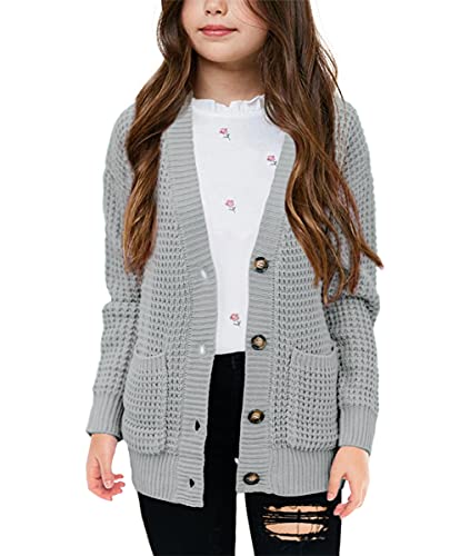 Imily Bela Girls Sweaters Kids Open Front Button Down Knit Cardigans with Pockets Black