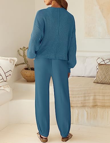 ZESICA Women's 2 Piece Outfits Sweater Set Long Sleeve Mock Neck Knit Pullover Top High Waist Pant Tracksuit Lounge Sets,White,Small