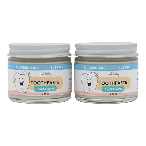 Kids All Natural Fluoride Free Toothpaste by Balm Baby Brand – SLS Free Toothpaste with Xylitol, Vegan, Gluten Free, BPA Free, Glass Jar Zero Waste Children’s Teeth Paste (2PK Mint)