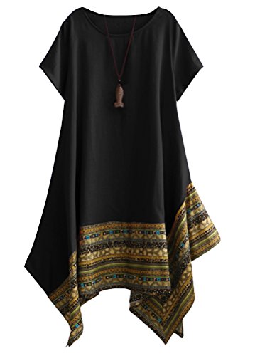Minibee Women's Ethnic Cotton Linen Short Sleeves Irregular Tunic Dress (M, Black)
