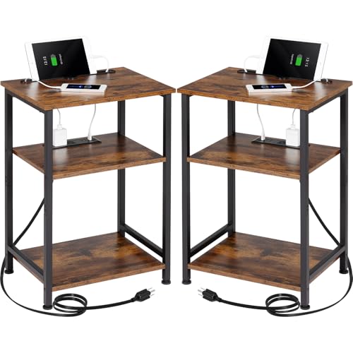 AMHANCIBLE Night Stand, Side Table, End Table with Charging Station, Nightstands Set of 2, Bedside Table Set of 2,Side Tables Bedroom Set of 2, Rustic Brown HET033BR