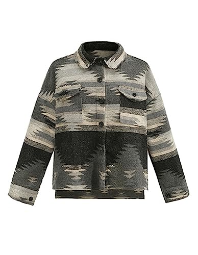 COWOKA Women's Vintage Aztec Print Pattern Loose Shacket Button Down Long Sleeve Woolen Jacket Shirts Coat Black S