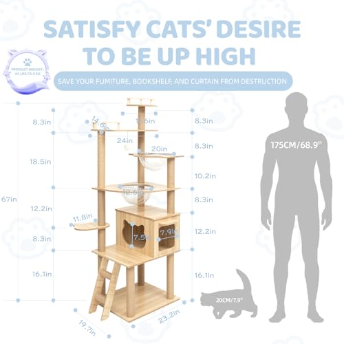 Cat Tree, Modern Cat Tree Tower for Indoor Cats - 67" Tall Premium Particle Board Condo with Hammock, Scratching Post and Toy for Large Cats ,Pet Home(Upgraded B12)