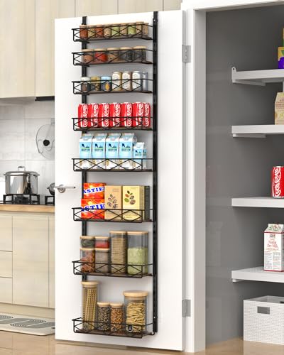 VyGrow Over The Door Pantry Organizer, 8-Tier Wood & Metal Over The Door Organizer with Adjustable Basket, Hanging Spice Rack, Door Organization and Storage for Kitchen Pantry Door Cabinet, Black