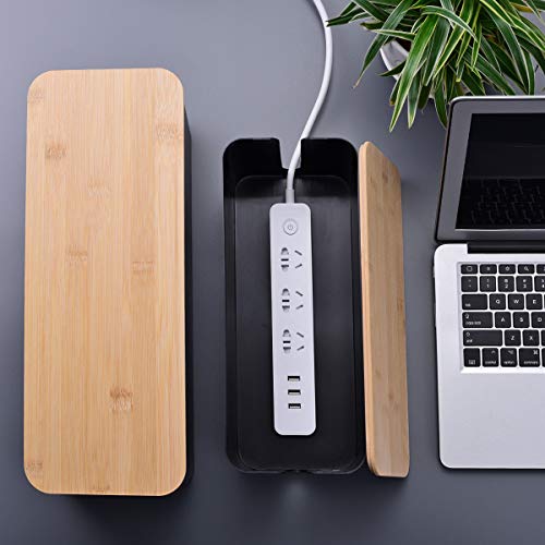 2 Pack Large Cable Management Box – Wooden Style Cord Organizer Box and Cover for TV Wires, Computer, Router, USB Hub and Under Desk Power Strip – Safe ABS Material and Baby-Pets Proof Lock (Black)