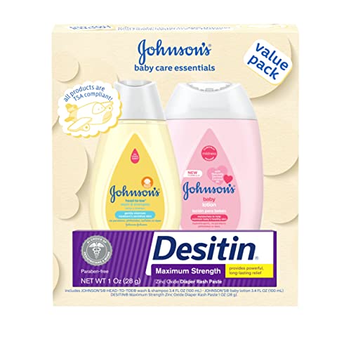 Johnson's Baby Care Essentials Gift Set, Baby Skincare Set with Body Wash & Shampoo, Body Lotion, & Zinc Oxide Diaper Rash Paste for Baby's Delicate Skin, Value Pack, Travel-Size, 3 Items