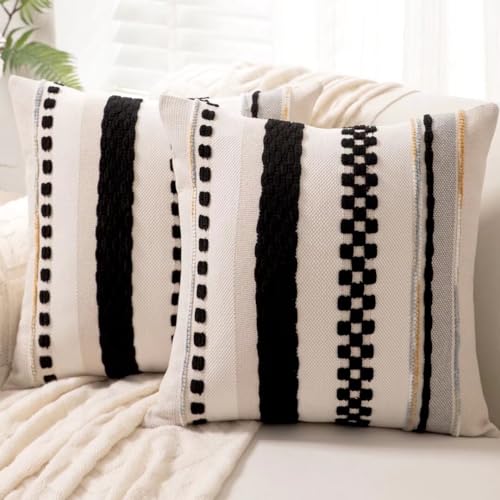 WANLIRD Boho Throw Pillow Covers 18x18 Set of 2 Farmhouse Decorative Cushion Case Striped Square Pillows Cover Chenille Pillow Cases Accent Neutral Pillowcase for Sofa Couch Bed,Yellow-Blue