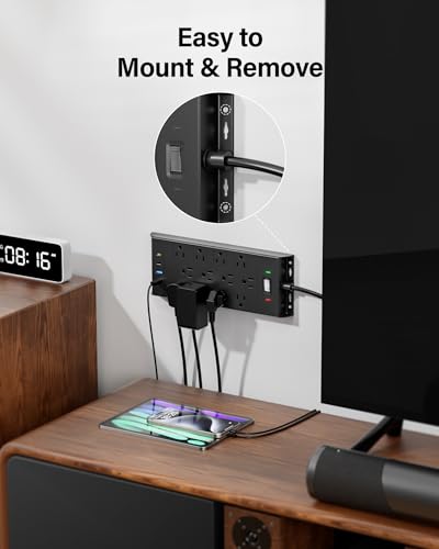Surge Protector Power Strip 4800J - LeZone Flat Plug Extension Cord 5Ft, 12 Outlets 2 USB C 2 USB Ports, Wall Mountable, 20W Desk Charging Station, Black