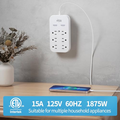 KMC 6-Outlet Extender USB-C PD Surge Protector Wall Tap, Multi-Plug USB Wall Charger, 2 USB-A Ports & USB-C 20W Power Delivery, High-Speed Phone Charger, 980J Surge Protection, UL/ETL Certified, White